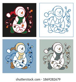 A snowman in a Santa hat and a scarf dancing with illumination lights in four different colors. Flat hand drawing in cartoon style. For winter greeting card, coloring page, illustration, design.