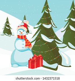 Snowman in Santa Hat Scarf. Decorated Christmas Tree with Presents Gift Box Vector Illustration. Seasonal Winter Landscape Scene. Merry Xmas Happy New Year Greeting Card. Holidays Postcard.