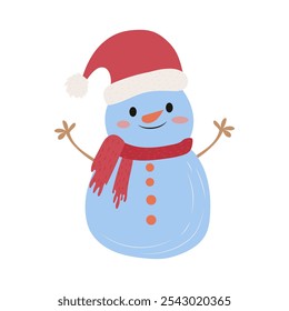 Snowman in Santa hat and scarf in flat design. Cute Christmas character. Vector illustration isolated.