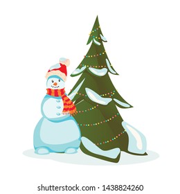 Snowman in Santa Hat Scarf near Decorated Christmas Tree Vector Illustration. Merry Xmas Happy New Year Greeting Card. Fir Decoration Garland Ball Ornament. Holiday Fun. Seasonal Winter Scene