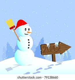 Snowman with Santa hat, trail in the snow and sign to 2012