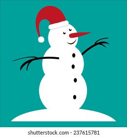 Snowman in santa hat - vector hipster icon on cyan backround