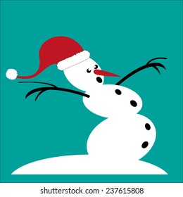 Snowman in santa hat - vector hipster icon on cyan backround