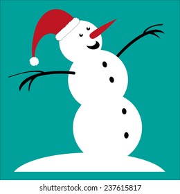 Snowman in santa hat - vector hipster icon on cyan backround
