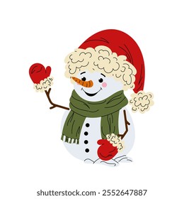 Snowman in a Santa hat welcomes everyone. Christmas character for cards, posters, prints. Vector illustration of a snowman on a white background.