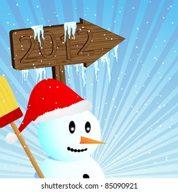 Snowman with Santa hat and wooden sign to 2012