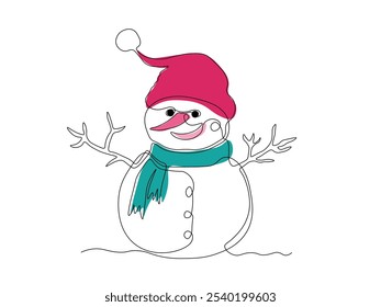 boneco de neve em um chapéu de Papai Noel, desenho de arte de linha única contínua esboço, logotipo
