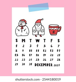 Snowman and Santa. Paper note. Calendar of December 2024. Illustration on pink background.