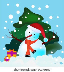 snowman santa standing in woods in the snowing evening in vector