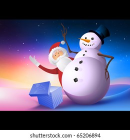 A snowman with Santa waving.