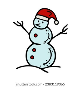 Snowman in santas hat. Branches instead of hands, snow, snowdrift. Christmas, new year, eve, december 25, winter, holiday atmosphere, celebrate, family celebration, traditions. Colorful icon