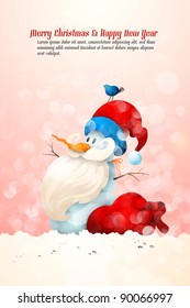 Snowman with Santa's Hat with Large Gift Bag and Bird on his Head | Christmas Greeting Background | EPS10 Graphic | Separate Layers Named Accordingly