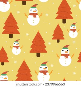 Snowman with a scarf around his neck cute cartoon and christmas gifts seamless pattern illustration animal wallpaper for wrapping paper 