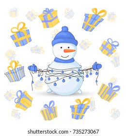 Snowman in scarf, boots, mittens, and a hat and with garlands in their hands. postcard for the new year and Christmas. Isolated objects on white background. Cute cartoon gifts for birthday