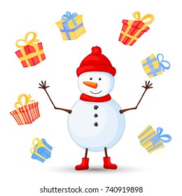 Snowman in scarf, boots, mittens and hat. postcard for the new year and Christmas. Isolated objects on white background. Cute cartoon gifts for birthday