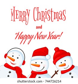 Snowman in scarf, boots, mittens, hat and tie. postcard for the new year and Christmas. Isolated objects on white background. Frame for a photo. Template for your text and greetings