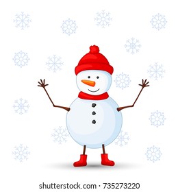 Snowman in scarf, boots. postcard for the new year and Christmas. Isolated objects on white background. Template for text and congratulations