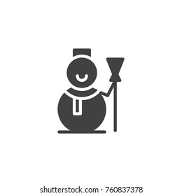 Snowman with scarf and broom icon vector, filled flat sign, solid pictogram isolated on white. Symbol, logo illustration.