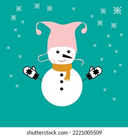 Snowman with a scarf, gloves and hat isolated in a blue-green background. Flat design. Vector illustration.