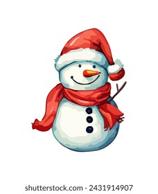 Snowman with a scarf, gloves and hat isolated in a white background in cartoon watercolor style. Flat design. Vector illustration.