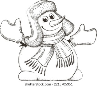 Snowman with a scarf, gloves and hat.Winter icon.Xmas and New Year elements.