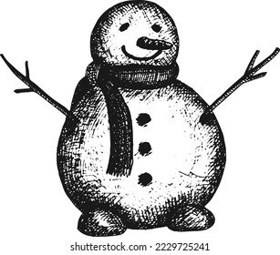 Hombre de nieve con bufanda, ilustración vector dibujada a mano para Año Nuevo y Navidad