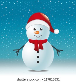 snowman with scarf hat blue snow background