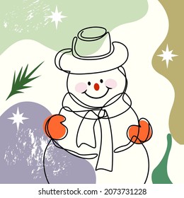 Hombre de nieve con bufanda y sombrero, árbol de Navidad, Año Nuevo 2022. Resumen de fondo cuadrado, navidad de colores tradicionales, Dibujo de varias formas, rayas. para imprimir en tarjeta, postal, invitación, folleto