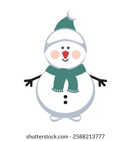 Snowman in scarf and hat flat icon for winter holidays. Mascot vector Flat design .