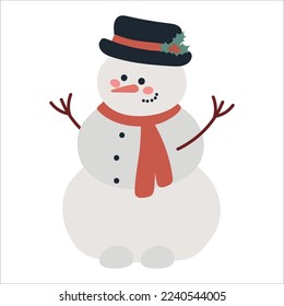 Schneemann mit Schal und Hut einzeln . Flaches Design. Vektorgrafik.