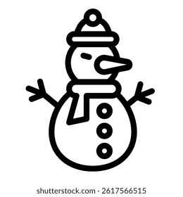 Snowman with scarf and hat line icon, happy christmas concept. Vector graphics. Snow ball humanoid man, kids joy sign on white background, style mobile or design