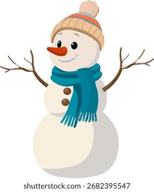 Un muñeco de nieve en una bufanda y sombrero sin fondo
