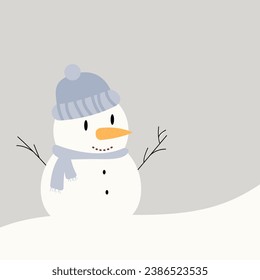 Hombre de nieve con bufanda y sombrero de fondo gris. El concepto de vacaciones de invierno divertido