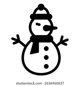 Snowman with scarf and hat solid icon, happy christmas concept. Vector graphics. Snow ball humanoid man, kids joy sign on white background, style mobile or design