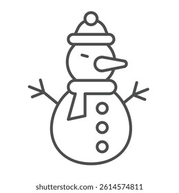 Snowman with scarf and hat thin line icon, happy christmas concept. Vector graphics. Snow ball humanoid man, kids joy sign on white background, linear style icon for mobile or web design