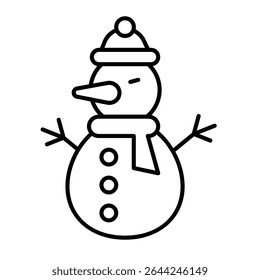 Snowman with scarf and hat thin line icon, happy christmas concept. Vector graphics. Snow ball humanoid man, kids joy sign on white background, style mobile or design