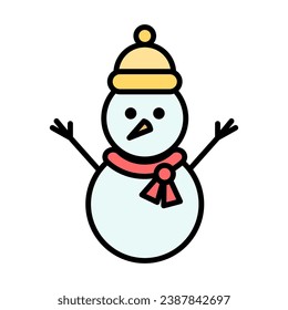 Hombre de nieve con bufanda y sombrero. Icono de viñeta vectorial. Aislado en blanco.