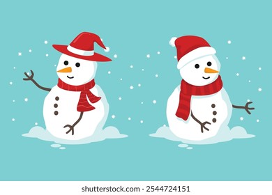 Snowman with a scarf isolated in a blue background. Flat design. Vector illustration. Twin snowman.