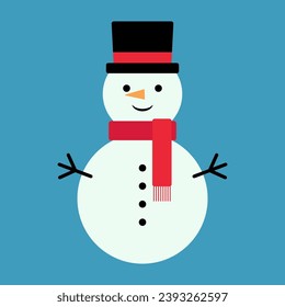 Snowman with a scarf isolated in a blue-gray background. Flat design. Vector illustration. Happy New Year