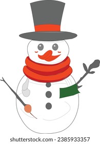 Snowman with a scarf isolated in a white background. Flat design. Vector illustration.
