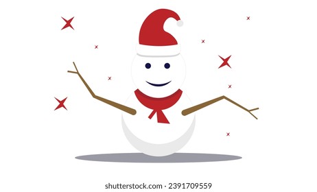 Schneemann mit Schal einzeln auf weißem Hintergrund. Flaches Design. Vektorgrafik.
