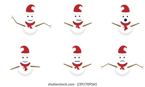 Hombre de nieve con una bufanda aislada en un fondo blanco. Diseño plano. Ilustración vectorial.