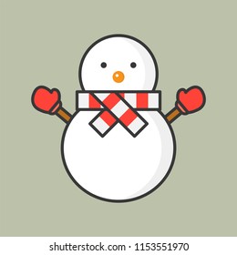 snowman with scarf and mitten gloves, filled outline icon for Christmas theme