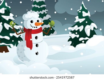 Snowman with Scarf and Mittens Stands in Snow Outdoors with Fir Trees - Cartoon Winter Snowy Landscape Illustration
