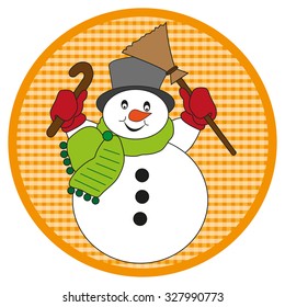 Snowman with scarf on orange button on white background