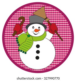 Snowman with scarf on pink button on white background