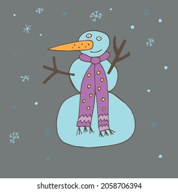Snowman in a scarf. Snowing. Vector. Doodle style drawing Cartoon