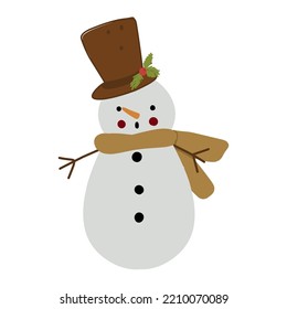 Snowman in a scarf and top hat. Christmas vector illustration on white background for sticker, print, poster, postcard