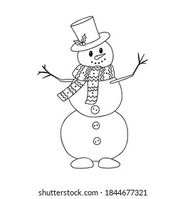 Snowman in a scarf and top hat in Doodle style. The sketch is hand-drawn and isolated on a white background. Element of new year and Christmas design. Outline drawing. Black-white vector illustration.