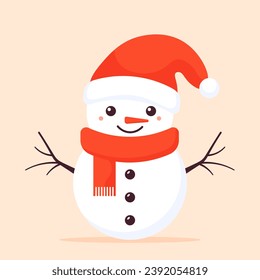 Hombre de nieve con bufanda. Ilustración plana vectorial.